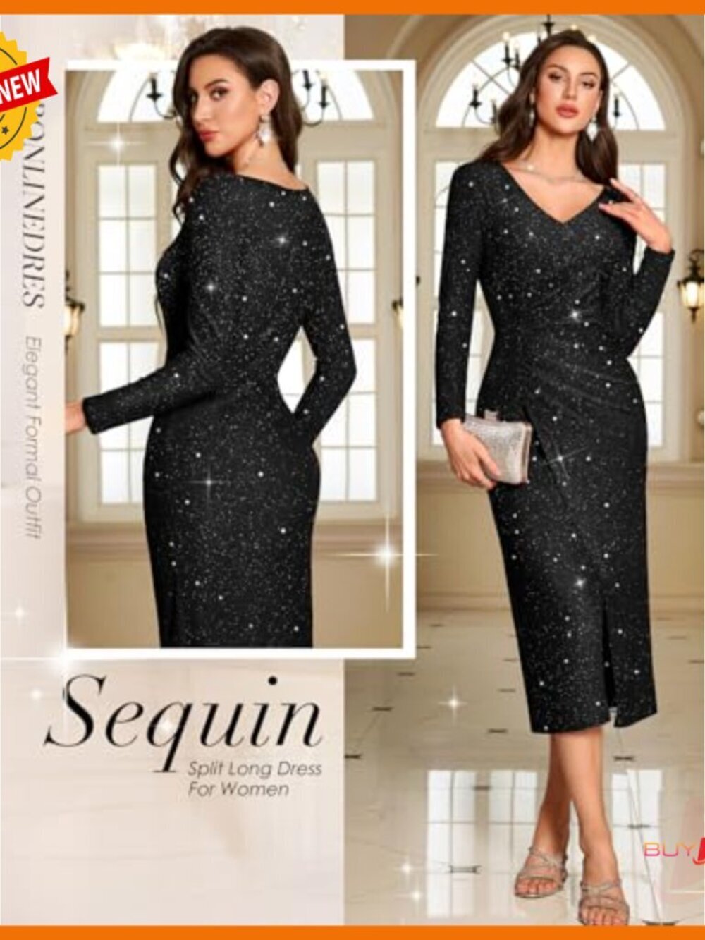 Sequin Long Sleeve Maxi Formal Dress V-Neck Wrap Bodycon Split Hem - Picture 2 of 7